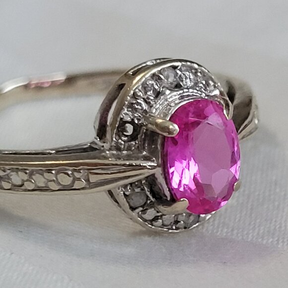 Pink Sapphire Diamond 10k White Gold Ring October Birthstone Size 7 Womens - Picture 11 of 11